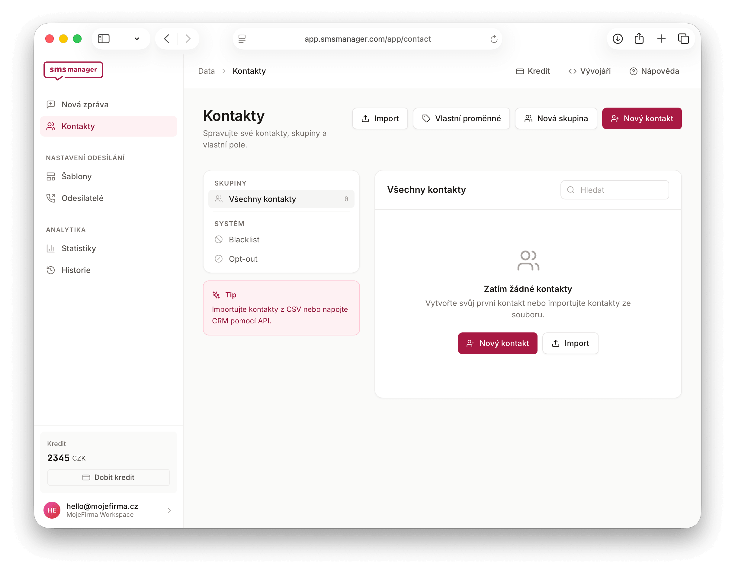 Aplikace SmsManager – kontakty